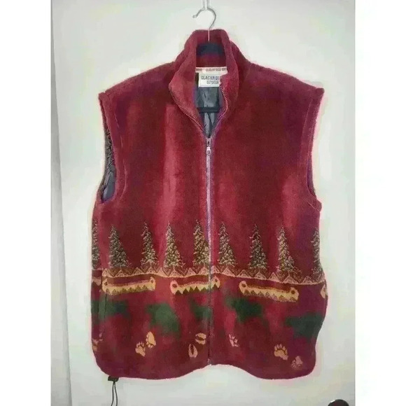 Vtg‎ Glacier Gear Outdoor Fleece Vest Mens L or Wms XL Moose Bear Trees Alaska - Picture 1 of 6
